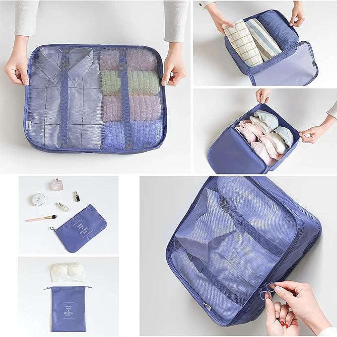 LANSKLBD 6 Set Packing Cubes for Travel, Luggage Organizers with Shoe & Toiletry Bags, Lightweight Suitcase Organizer for Carry-On, Washable Laundry Bags(Dark Blue)