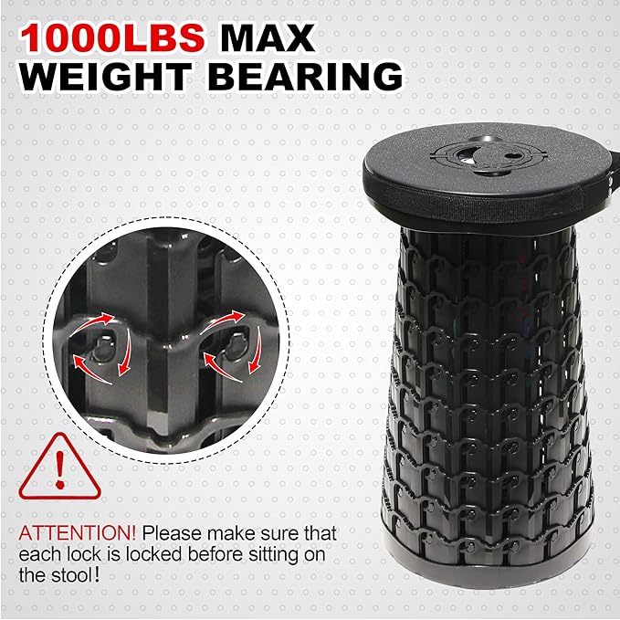 ALEVMOOM Upgraded 19.7" Collapsible Stool Portable + 1.38" Thicker Cushion, Telescoping Folding Seat for Adults, 1000lbs Max Weight, Heavy Duty Portable Chair for Outdoor Travel&Camping