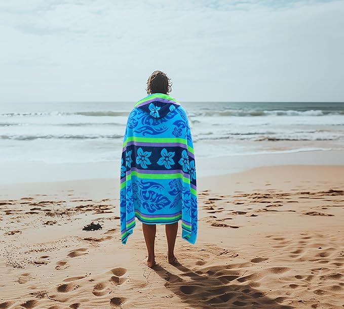 COTTON CRAFT Hooded Beach Towel for Adults – Oversized 39x68 Towel with Hood - 100% Cotton Velour Terry Jacquard Pool Bath Wrap - 450 GSM Soft Absorbent Quick Dry – Tropical Hibiscus Aqua Blue Purple