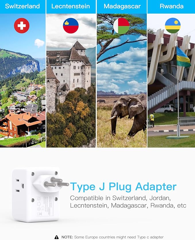 2 Pack Switzerland Travel Plug Adapter, Swiss Outlet Adapter with 3 Outlets 3 USB Charging Ports(2 USB C), Type J Power Adapter, Travel Essentials US to Switzerland, Rwanda, Liechtenstein