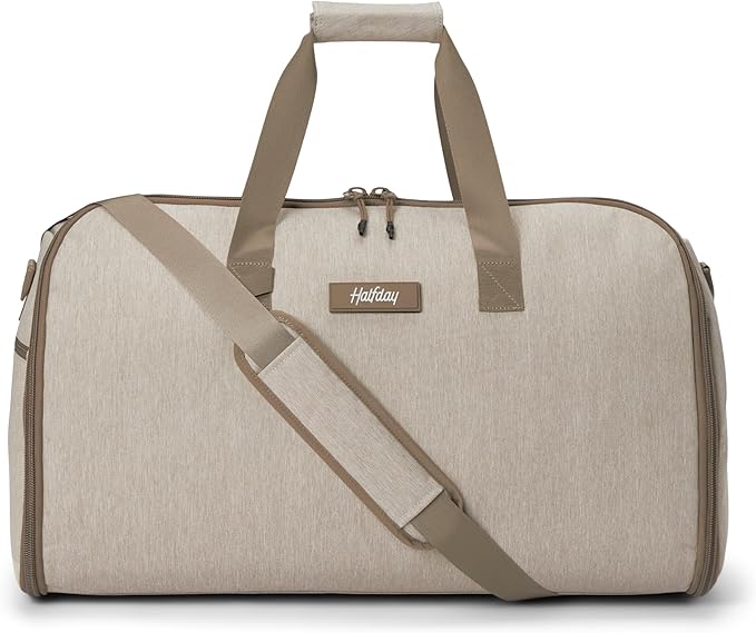 Halfday Convertible 2-in-1 Garment Duffel Weekender Bag 45L: Wrinkle-Free Travel (Hanging Suit Compartment, Shoe Pockets, Trolley Sleeve), Durable & Water-Resistant Carry-on, Stone