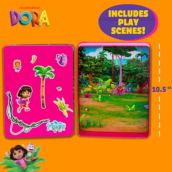 Dora Magnetic Playset, 75 Characters & Accessories, Reusable Storage Tin and Play Scene, Fun Toddler Toys, Mess Free Airplane Toy, Travel Games & Road Trip Essentials, 4 Year Old Girl Birthday Gifts