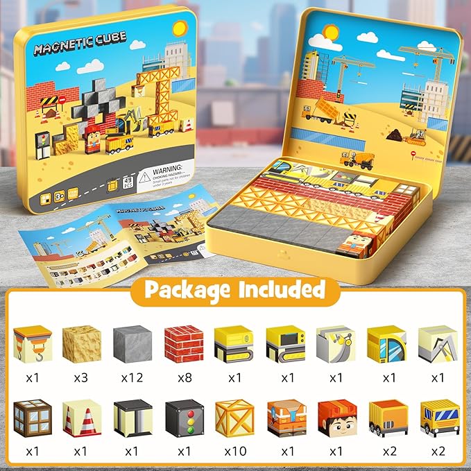 49PCS Mini Magnetic Building Blocks for Kids Ages 3-8 | STEM Educational Travel Toys with Portable Iron Storage Box | Construction Learning Gift for Toddlers, Boys & Girls