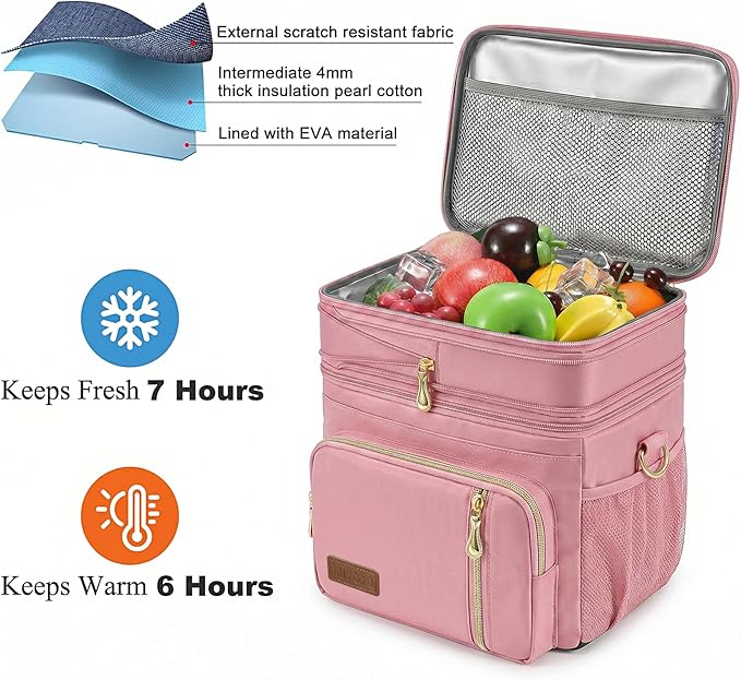 MIYCOO Lunch Bag & Lunch Box for Women Men Double Deck - Leakproof Insulated Soft Large Adult Lunch Cooler Bag for Work, Beach, Picnic, Camping, Travel (Pink,15L)