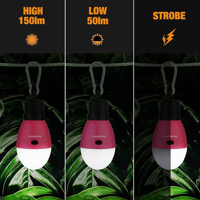EverBrite Rechargeable Camping Light, Portable Tent Lantern,3 Lighting Modes, Hanging Tent Light Bulbs with Clip Hook for Hiking, Fishing, Backpacking, Emergency and More-Pink