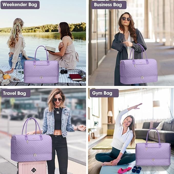 Travel Weekender Duffle Bags for Women - Large Carry On Bag with Shoe Compartment Overnight Bag with Toiletry Bag Duffel Bags with Wet Pocket for Gym Hospital Bags for Labor and Delivery Light Purple