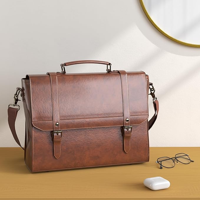 IGOLUMON Messenger Bag for Men 15.6 inch Vintage Leather Waterproof Laptop Briefcase Large Computer Laptop Bag Leather Satchel Bag Retro Shoulder Bag for Office Business Travel College, Brown