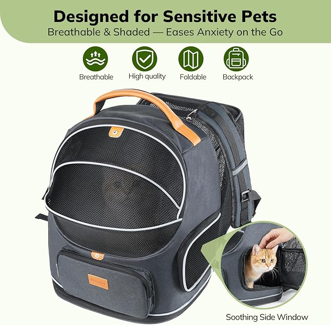 Morpilot Expandable Cat Carrier Backpack for Small Dogs & Cats Up to 20lbs, Breathable Mesh Pet Travel Backpack with Safety Leash, Foldable Airline Approved Carrier for Hiking Camping Outdoor, Grey