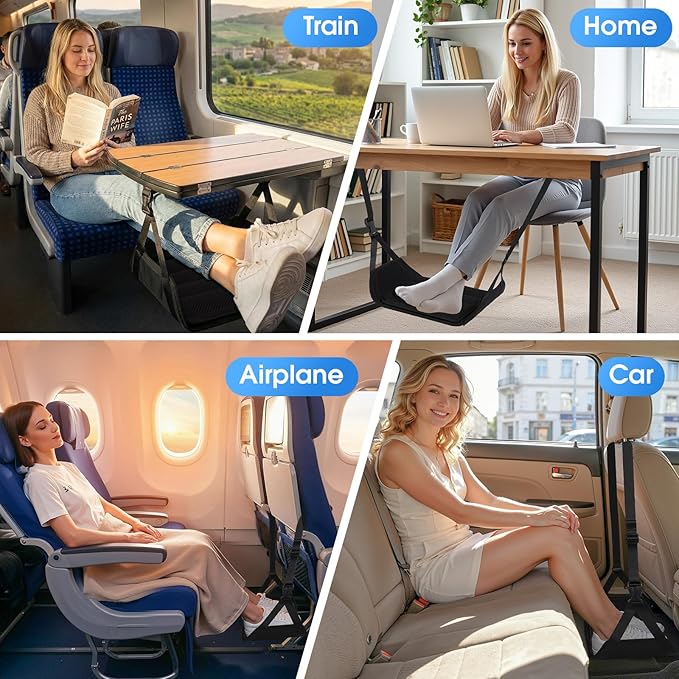 ExploreBliss Airplane Foot Rest - Lightweight Foot Hammock for Plane Travel with Adjustable Strap & Thick Board, Tray Table Under Desk Footrest to Relax Feet, Travel Essentials for Long Flights(Black)