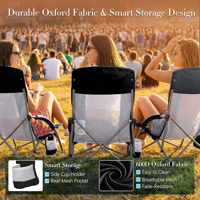 DUMOS Low Beach Chair for Adults, Lightweight Folding Beach Chair with Cup Holder, Storage Bag, Breeze Mesh Back, Padded Armrests, Compact Low Profile Chair for Camp, Picnic, Lawn, Sand