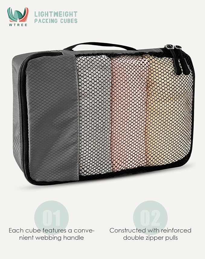 WTREE 4-Piece Packing Cubes Travel Accessories Set for Suitcases - Luggage Organizer Bags with Double Zipper - Mesh Top - Large - Dark Grey