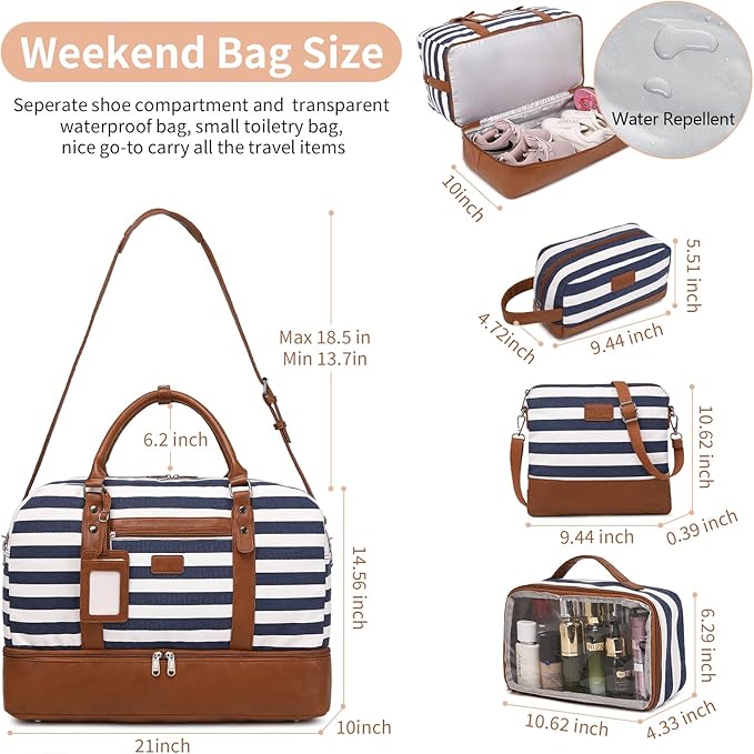 Wogarl 4PCS Weekender Bags for Women Large Overnight Weekend Travel Duffel Carry on Shoulder with Shoe Compartment Canvas Toiletry Bag for Travel Business Gym