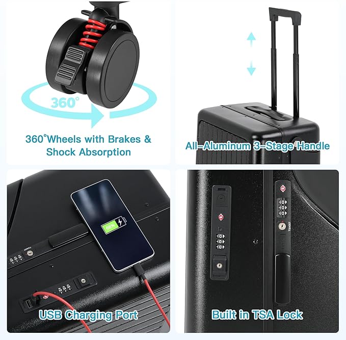 advwin 22" Ride On Luggage with Seat for Kids & Adults, Lightweight Hardside Ride-On Suitcase with Front Opening, TSA Lock, 360° Spinner Wheels, Black