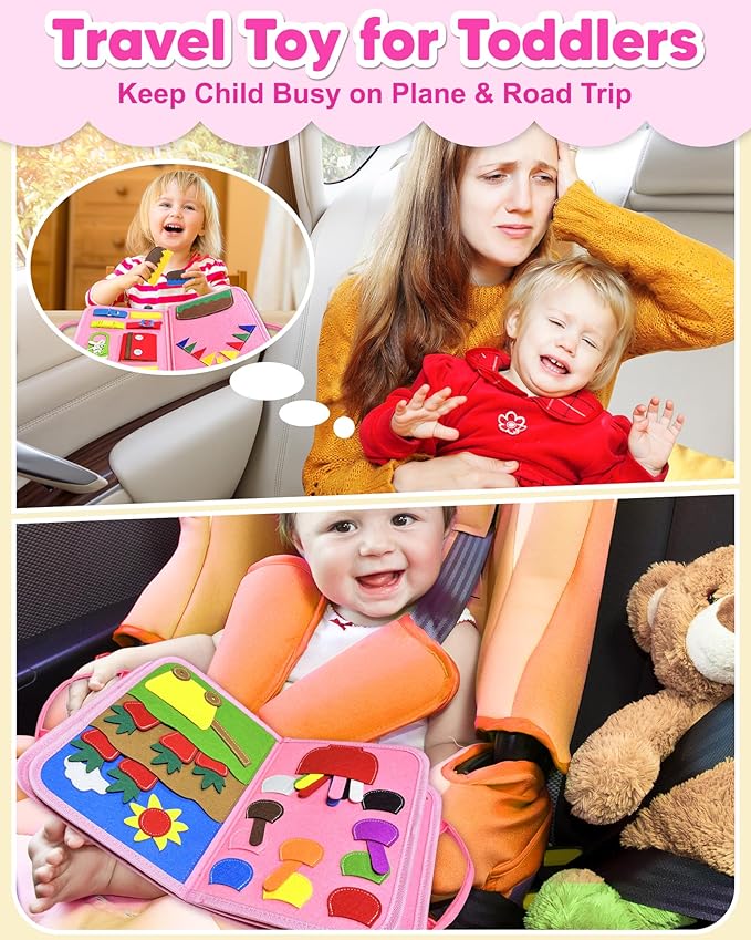 Exorany Busy Board Montessori Toys for Toddler Girl Birthday Gifts, Busy Book Sensory Learning Toys for Toddlers, Toddler Girl Airplane Car Travel Toy Educational Activities