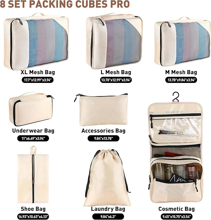 Toncoke 8-Piece Packing Cubes for Travel, Mesh Luggage Organizers with Shoe Bag, Toiletry Bag, Laundry Pouches, 4 Sizes (XL/L/M/S) for Suitcase Organization, Men Women Kids, Beige