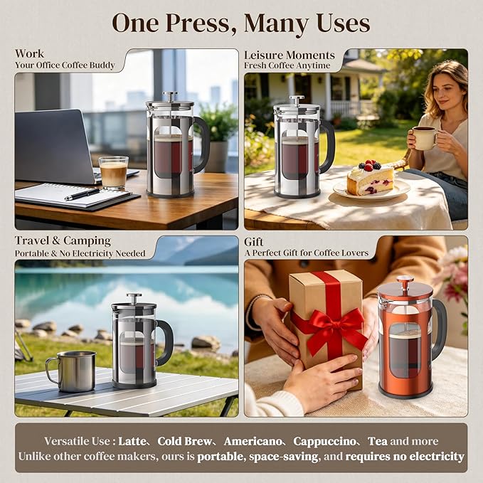 Veken French Press Coffee Maker 34oz, No Plastic Touching Cafe,Thickened Glass Stainless Steel Brewer, Cold Brew Cafetera Tea pot for Kitchen Travel Camping, Gifts, Decor, Bar Accessories, Dark Pewter
