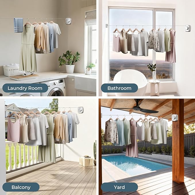 FORIOUS Retractable Clothesline 13.8FT, 304 Stainless Steel Non-Sagging Indoor Outdoor Clothes Line, Rustproof Heavy Duty Clothes Drying Laundry Line, Screw Wall Mounted for Bathroom, Chrome