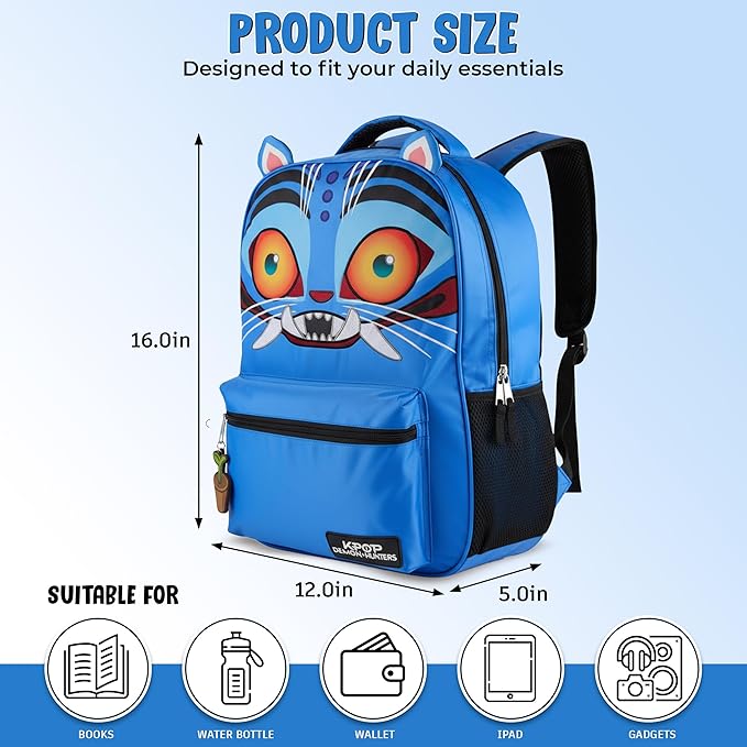 AI ACCESSORY INNOVATIONS K-Pop Demon Hunters 16” Backpack for Girls, Featuring a Big Face Derby with 3D Ears and Embroidery, Rubber Molded Bag Charm, Derby