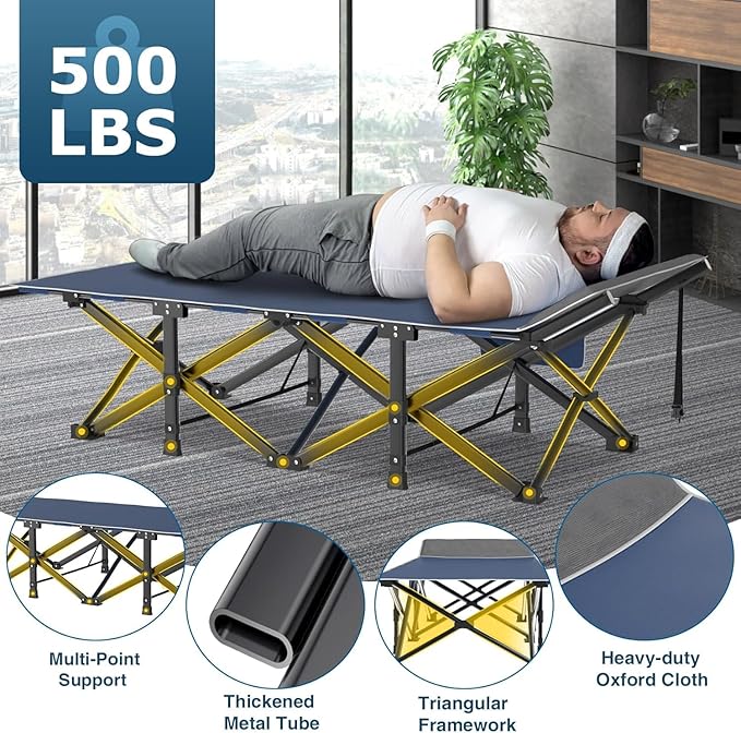 ZENPETIO Oversized XXL Folding Camping Cot, Heavy Duty Sleeping Cot for Adults with Mattress and Pillow, Portable Cot Bed with Carry Bag for Outdoor Camp Travel Home Guest Office, Blue