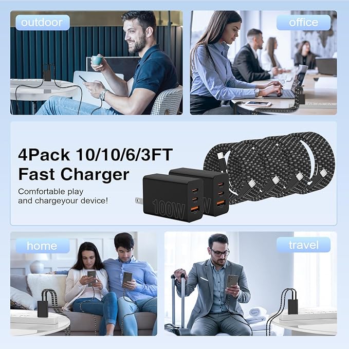 65W Super Fast Charger Type C for Samsung,3 Port 100W Quick Charging 3.0 USB C Block & 3/6/10/10FT Braided Type C Cord for Samsung Galaxy S26 Ultra/S26/S25 Ultra/iPhone 17 Pro/MacBook Pro/Air-Pink