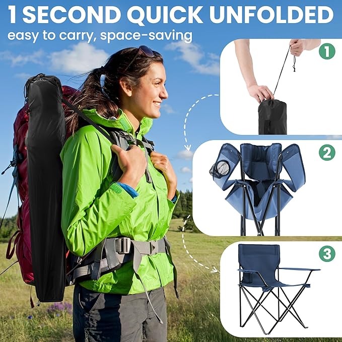 2-Pack Foldable Camping Chairs with Cup Holder, 300LB Lawn Portable Folding Chairs for Adults, Lightweight Outdoor Beach Chairs with Carry Bag for Camp, Fishing, Sports (Navy)