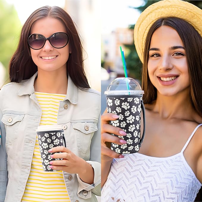 KJQJLY 3 Pack Reusable Iced Coffee Sleeves for Iced Coffee Cups or Drinks Reusable Neoprene Insulated Sleeves for Hot and Cold Drinks from Starbucks, Dunkin, And More (Paw Prints)