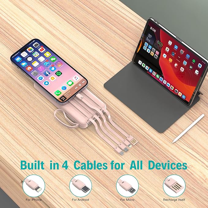 Portable Charger with Built in Cables,10000mAh Slim USB C Power Bank,5 Output 3 Input LED Display High Speed External Battery Pack Travel Phone Charger for iPhone Samsung Pixel LG Moto iPad,Pink