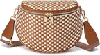 Trendy Woven Checkered Crossbody Bum Bag for Women，PU Leather Checkered Purse Fanny Packs Belt Bag (Woven Bum Bag - Brown White)