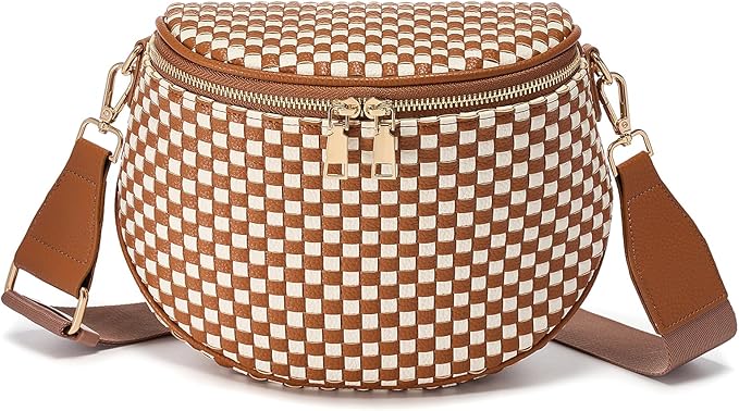 Trendy Woven Checkered Crossbody Bum Bag for Women，PU Leather Checkered Purse Fanny Packs Belt Bag (Woven Bum Bag - Brown White)