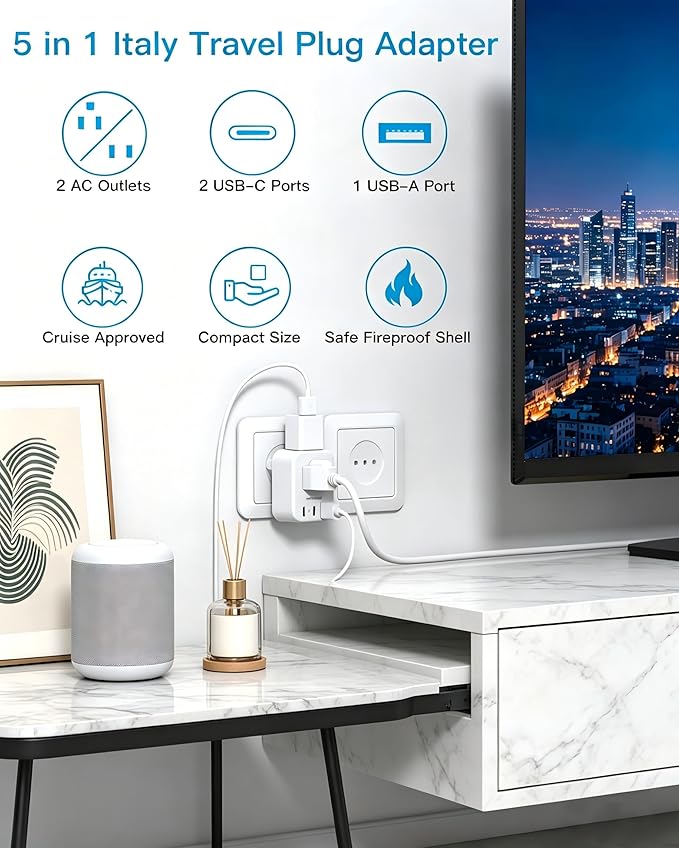 HANYCONY Italy Travel Adapter, Grounded Type L Plug Adapter with 2 AC Outlets 3 USB Ports (2 USB C), US to Italy Power Adapter for Rome, Chile, Uruguay, Ethiopia - Cruise Ship Approved