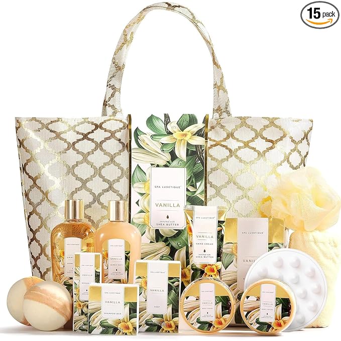 Spa Luxetique Gift Baskets for Women,15 Pcs Vanilla Spa Gifts for Women, Women's Gifts with Bubble Bath, Bath Salt, Bath Bombs, Mothers Day Gifts