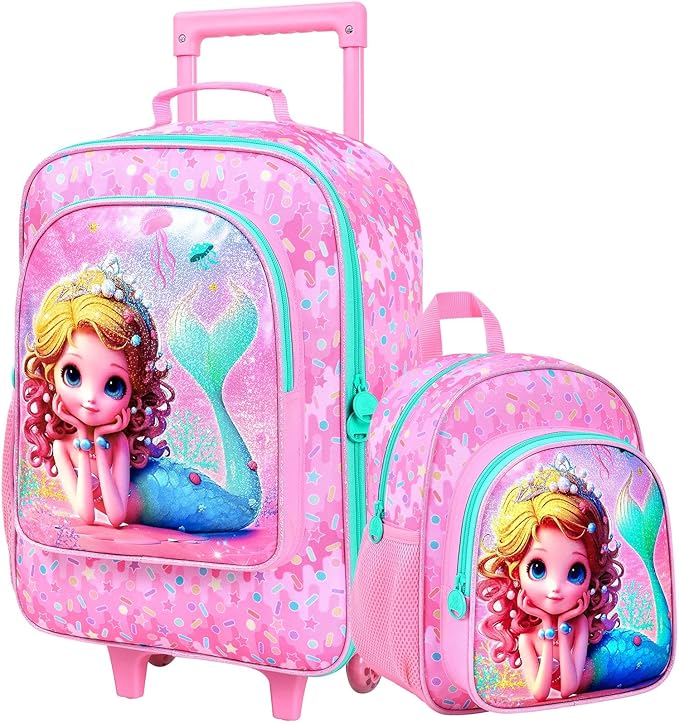 18" Kids Suitcase for Girls, 2Pcs Mermaid Carry on Luggage Set with Wheels, Cute Travel Rolling with 12" Toddler Backpack(Pink)