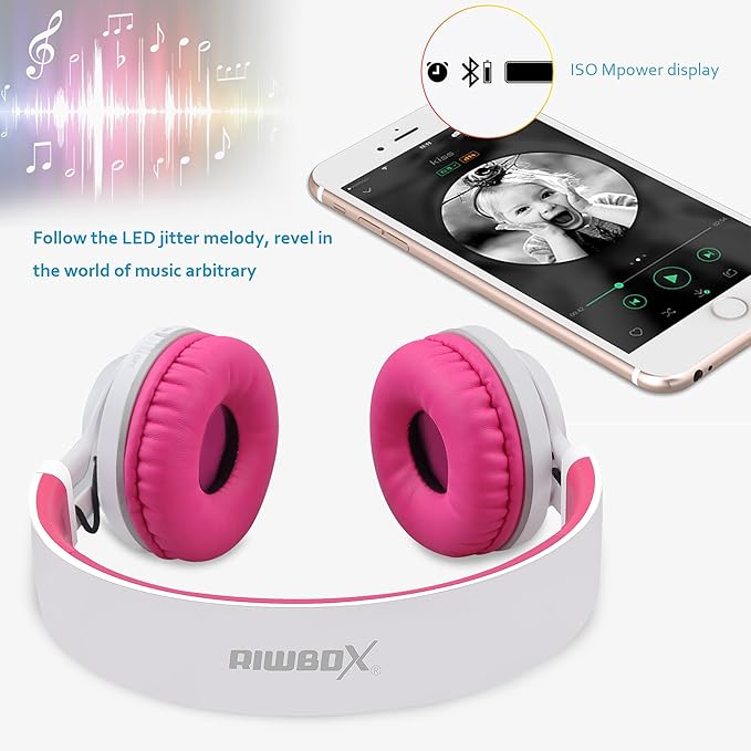 Riwbox WT-7S Bluetooth Headphones Light Up, Foldable Stero Wireless Headset with Microphone and Volume Control for PC/Tablet/TV/Travel (Pink)