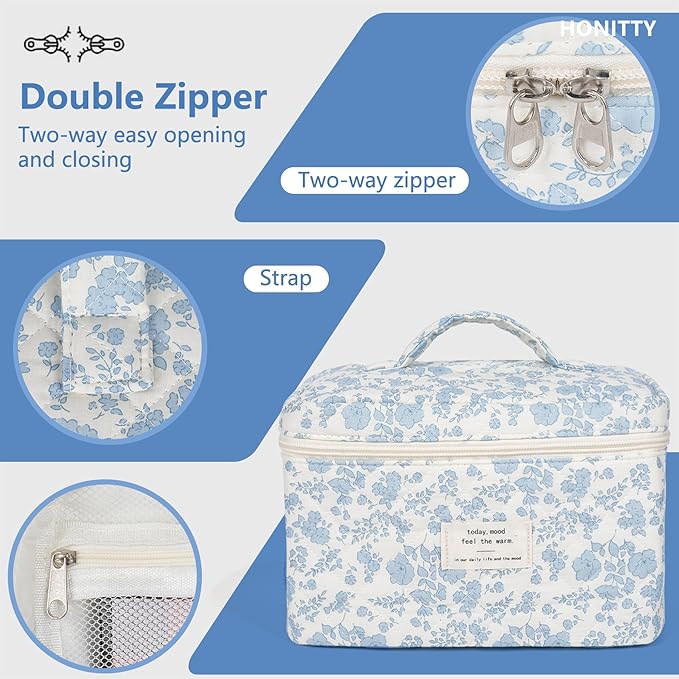 Makeup Bag,Quilted Cosmetic Bag,Large Floral Make Up Bag for Women,Cotton Makeup Bag Set,Flower Travel Toiletry Bag
