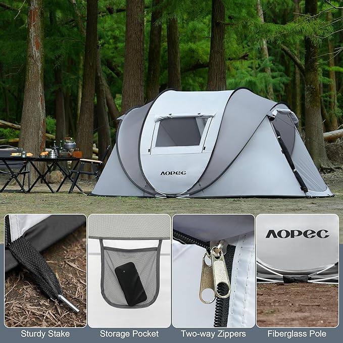 Pop Up Camping Tent, 2/4/6 Person Instant Tent Waterproof PU4500mm, Spacious Ventilated Camping Tent with Front Porch, Quick Setup Lightweight Portable for Outdoor Camping Hiking Beach