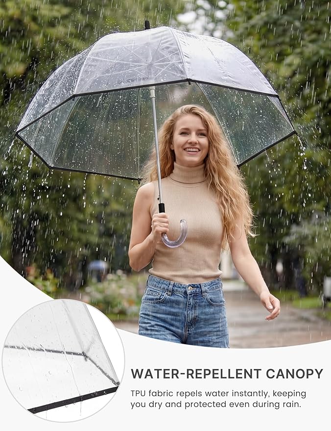 G4Free 52 inch Clear Bubble Umbrella, Large Canopy Transparent Dome Coverage Stick Umbrella, J Hook Handle European Style for Weddings,Prom,Graduation and Outdoor Events