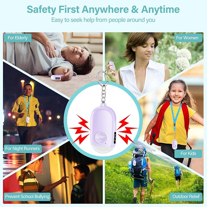 Hion Personal Safety Alarm for Women, Rechargeable 130dB Self Defense Alarm Keychain with LED Flashlight, Emergency Safe Sound Security for Children Elderly College Girls Men, Purple