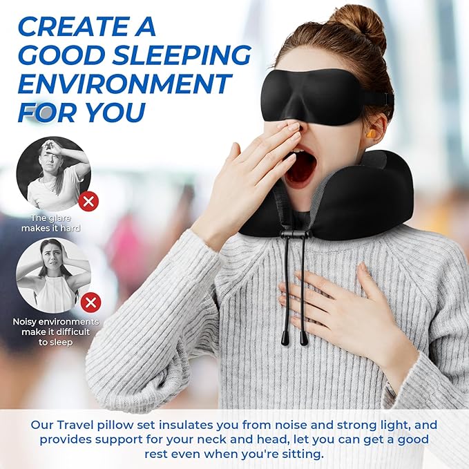 ExploreBliss Travel Pillow, 2 Pack Travel Pillows for Sleeping Airplane, Neck Pillow Airplane, Memory Foam Neck Pillow Set with Eye Mask, Earplugs and Storage Bag -Black & Pink