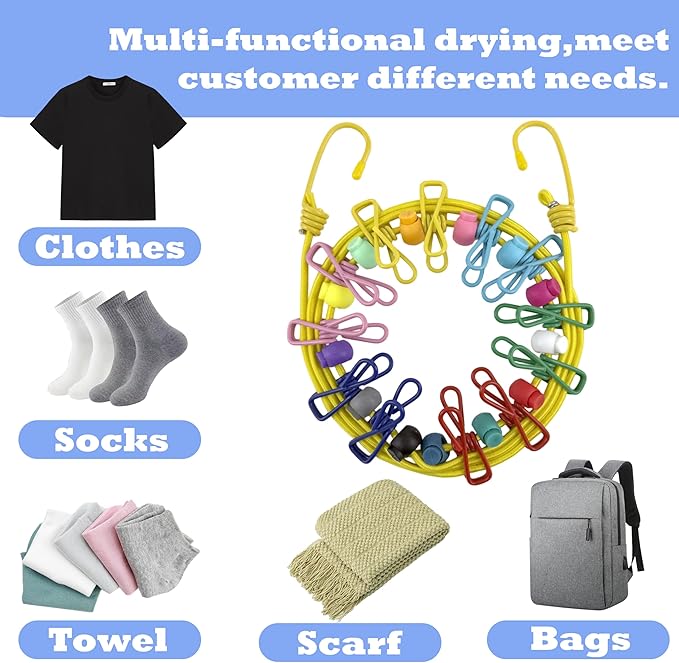 Portable Travel Clothesline,Adjustable Elastic Stretch Line with 12pcs Clothes Clips,for RV Outdoor and Indoor Camping Accessories (Yellow)