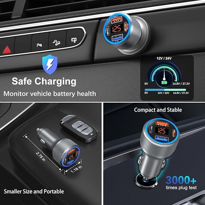 4-Port USB C Car Charger for iPhone 17/16e/15 Pro Max, 65W Multi Port PD+QC 3.0 Fast Charging Dual 12V USB-C&USB-A Car Charger Cigarette Lighter Adapter Voltmeter for iPhone Air 17 16 15 Pro