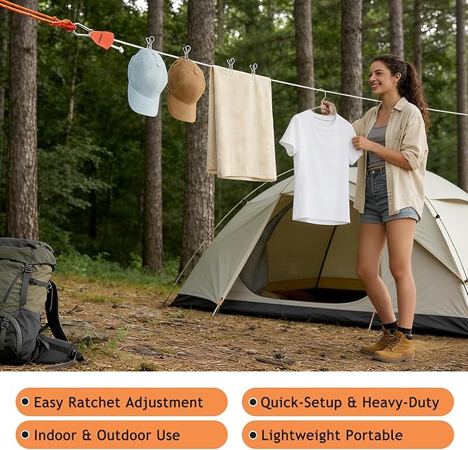 Retractable Clothesline Outdoor Indoor, Portable Travel Clothes Line Heavy Duty Ratchet Pulley with Carabiners, 19FT Laundry Drying Lines for Camping, Cruise, Backyard, Balcony, Dormitory