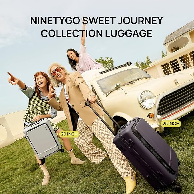 NINETYGO Medium Checked Luggage 25 Inch, Flat Top Opening Check In Luggage with Cup Holder, Expandable, Lightweight PC Hard Shell, TSA Lock, 360° Spinner Wheels (Charcoal Coconut Milk)