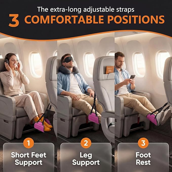 Airplane Footrest Hammock, Adjustable Foot Rest for Long Flights - Travel Must-Haves and Travel Essentials,Portable Airplane Gadgets for Flying Comfort(Rose Red,1 Pack)