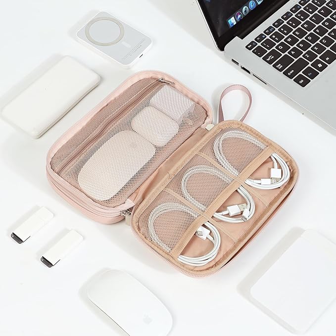NISHEL Travel Cord Organizer Case, Double Layers Tech Electronic Bag, Essentials for Charger, Cable, Phone, Flash drive, Medium, Pink