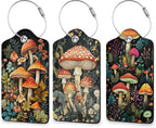 Mushroom Luggage Tags for Suitcases, 3 Pack Leather Bag Tag Identifiers with Stainless Steel Loop and Address Card for Men Women