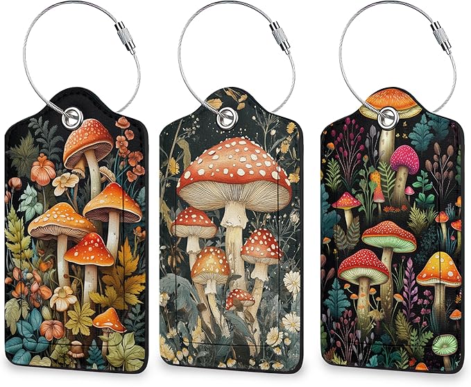 Mushroom Luggage Tags for Suitcases, 3 Pack Leather Bag Tag Identifiers with Stainless Steel Loop and Address Card for Men Women