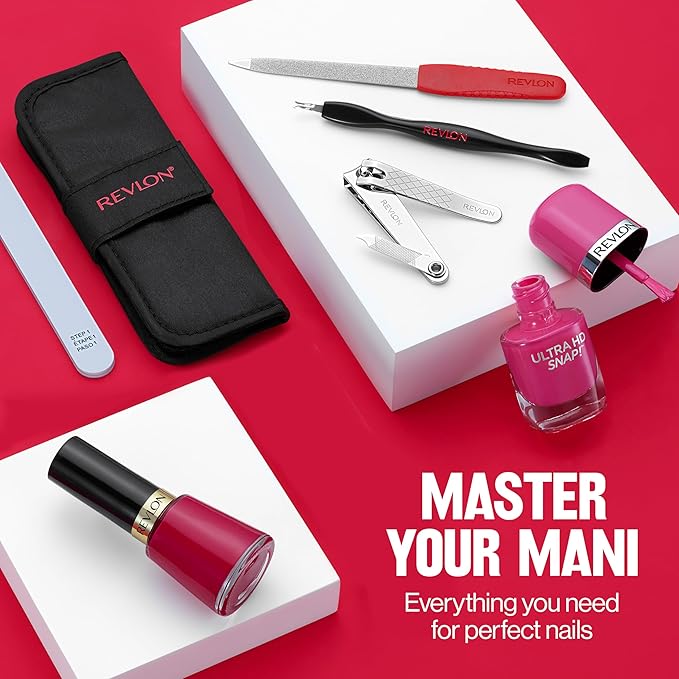 Revlon Manicure Essentials Kit with Travel Case, Nail Care Set with Dual Ended Cuticle Trimmer, Curved Blade Clippers, Compact Emeryl File & Buffer (Pack of 1)