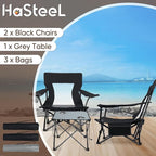 HaSteeL Folding Beach Chair Set of 3, Foldable Black Camping Chairs & Grey Table for Outside, Low Beach Chair Portable for Adults Fishing, Picnic, Outdoor BBQ, Cup Holder & Storage Bag