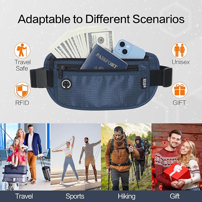 Slim Money Belt for Travel - Anti-Theft Hidden Passport Holder Waist Wallet with Secure Pouch for Cash, Credit Cards & Phone Safe Small Navy Blue