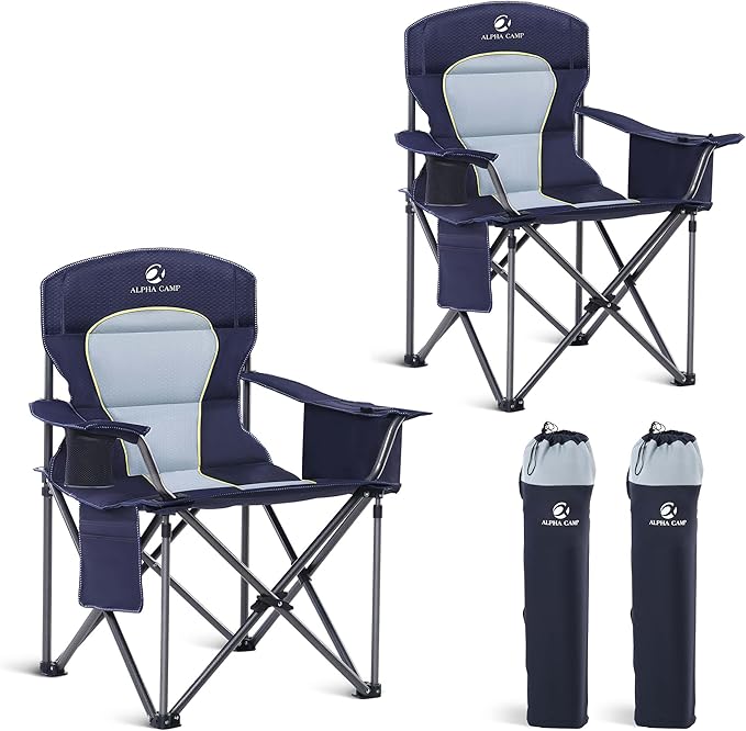 LET'S CAMP Oversized Folding Camping Chair Portable Outdoor Heavy Duty Padded Chairs Lawn Chair with Cup Holder, Storage Pocket and Cooler Bag, Supports 450LBS, for Camp, Travel, Picnic,2 Pack(Blue)